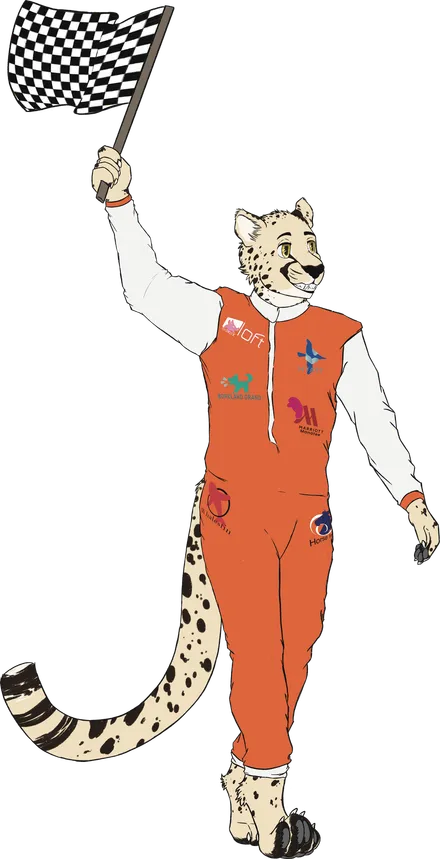 Cheetah in an orange racing suit covered in partner hotel logos, waving a checkered flag